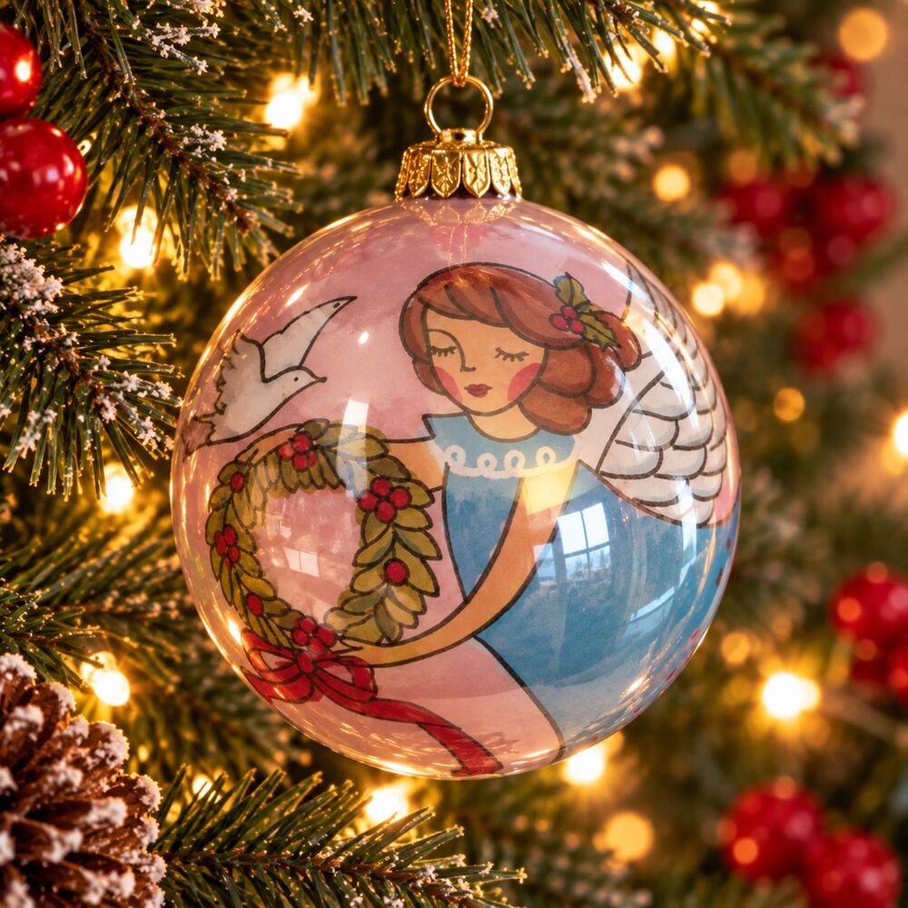 Pier 1 Li Bien Angel Wreath 2007 Reverse Painted Glass Ornament w/ Box 3.25"